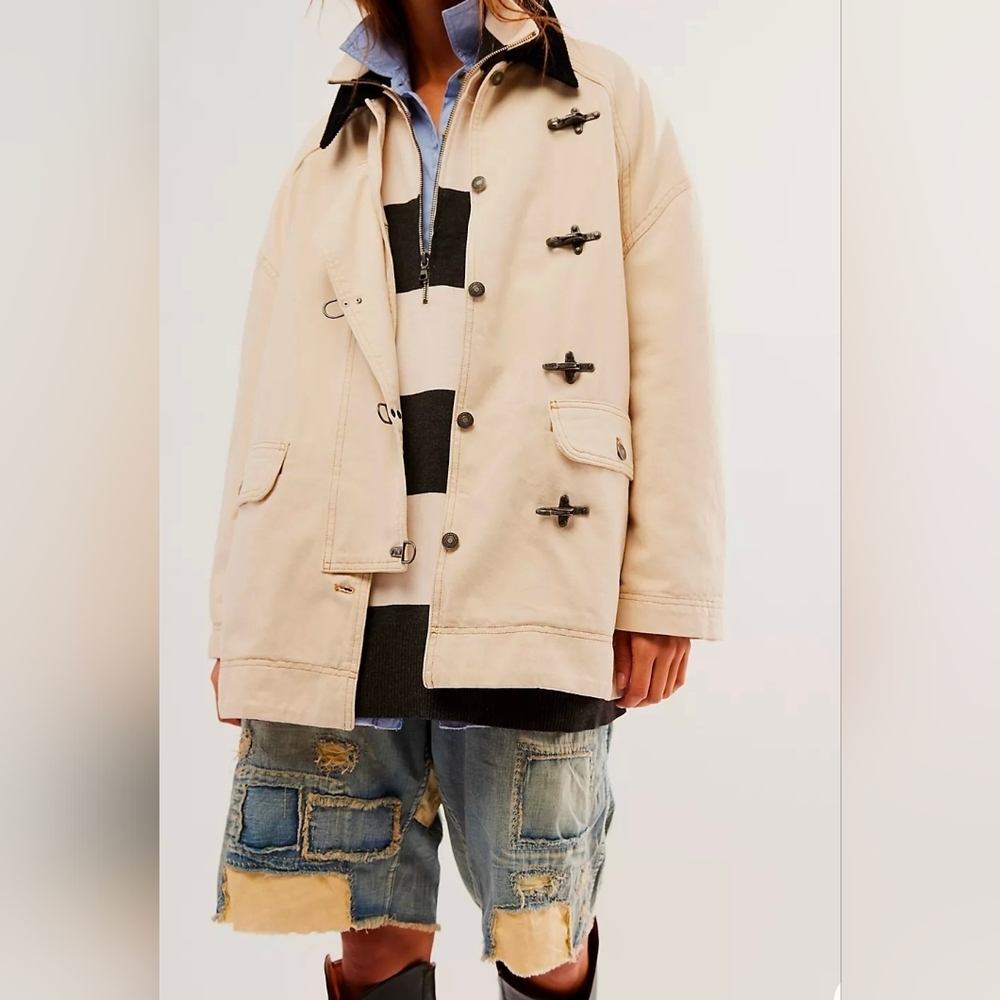 NWT We The Free Denim Barn Coat Beige With Silver Toggles with Black Collar Trim